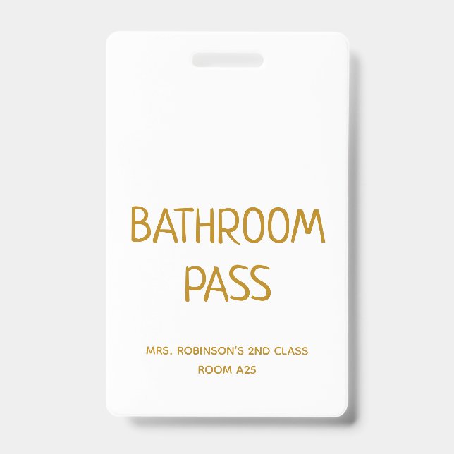 Gold Script Back To School Bathroom Hall Pass ID Badge (Front)