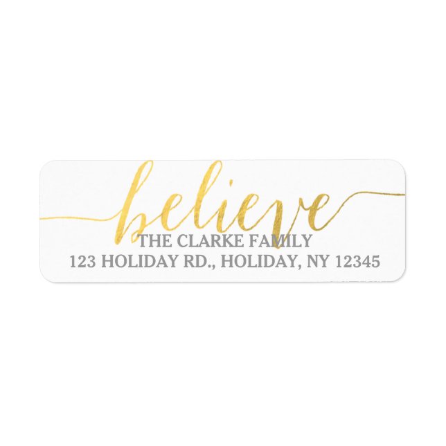 Gold Script Believe | Holiday Return Address Label (Front)