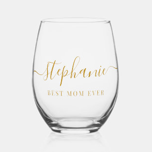 Gold Script Best Mom Ever Script Monogram Stemless Wine Glass