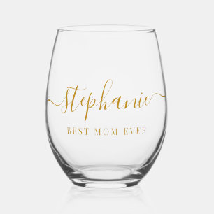 Gold Script Best Mum Ever Script Monogram Stemless Wine Glass