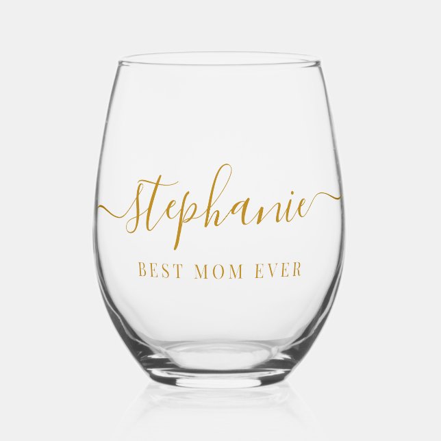 Gold Script Best Mum Ever Script Monogram Stemless Wine Glass (Front)