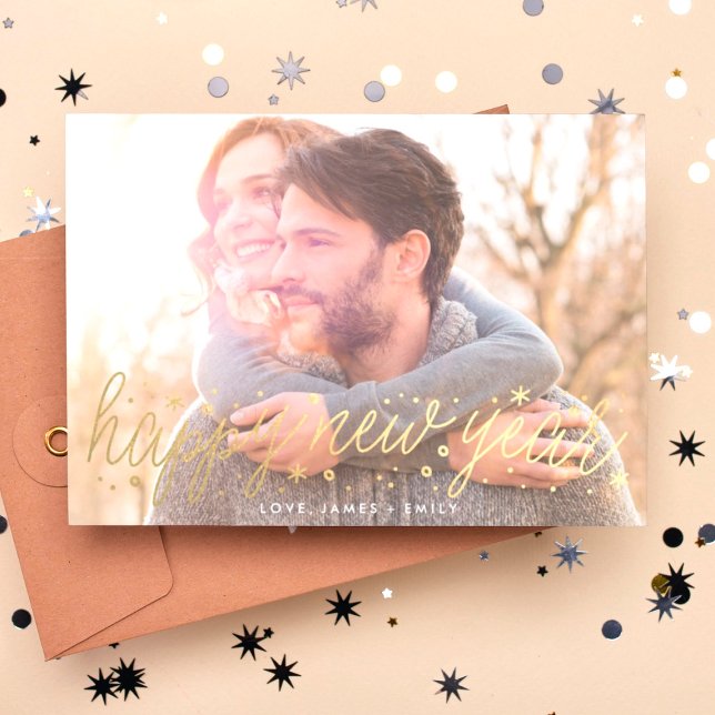 Gold Script Big Photo Happy New Year Card (Creator Uploaded)