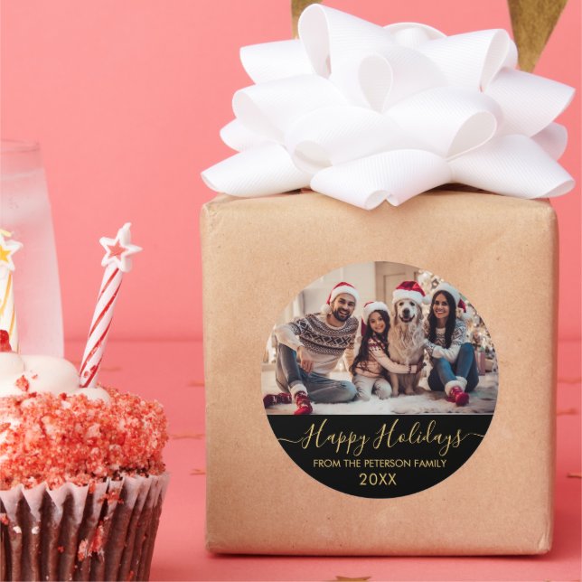 Gold Script Black Family Photo Happy Holidays Classic Round Sticker (Party)