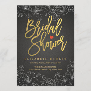 Gold Script Black Linen White Floral Bridal Shower Invitation