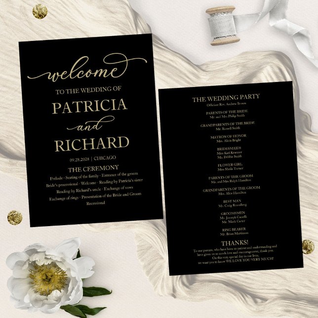 Gold Script Black Wedding Ceremony Program Programme (Creator Uploaded)
