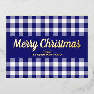 Gold Script Blue Gingham Merry Christmas Foil Holiday Postcard