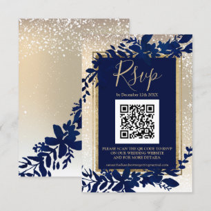 gold script blue leaf snow elegant winter QR rsvp Card