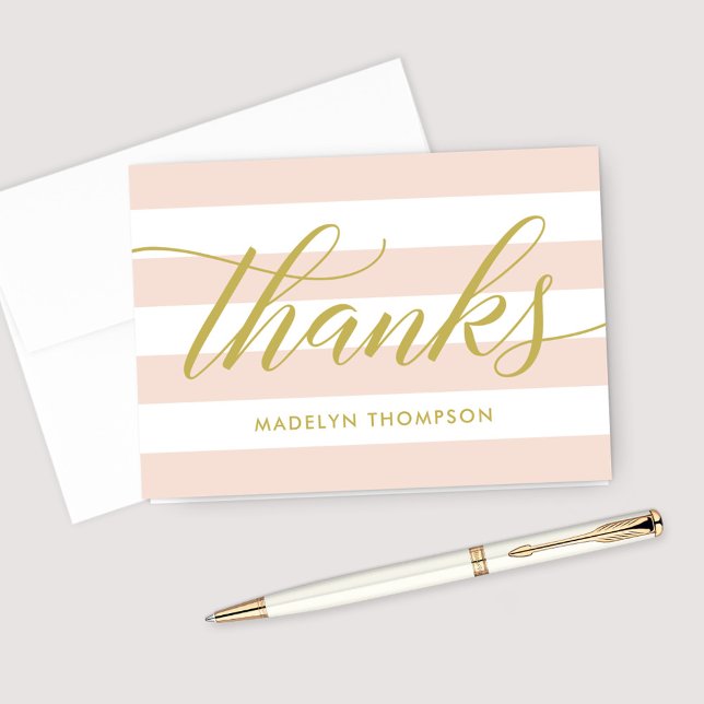 Gold Script Blush Pink Stripes Wedding Monogram Thank You Card (Creator Uploaded)
