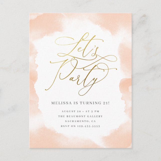 Gold Script Blush Pink Watercolor Birthday Party Invitation Postcard (Front)