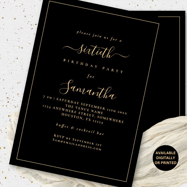 Gold Script Border 60th Birthday Party Black Invitation (Front and back view. Available digitally or printed)