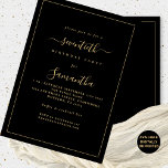 Gold Script Border 70th Birthday Party Black Invitation<br><div class="desc">Elegant Gold Script Border 70th Birthday Party. Available digitally or printed. A minimalist modern text design for your seventieth in classic black and gold, which is fully customisable, with a single line border. Change the words as required and you can also change text and background colours as well as lots...</div>