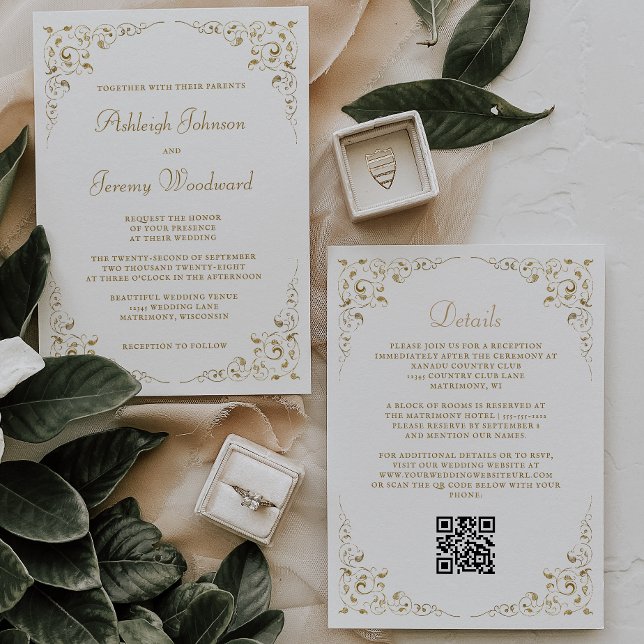 Gold Script Botanical Frame QR Code Invitation (Creator Uploaded)
