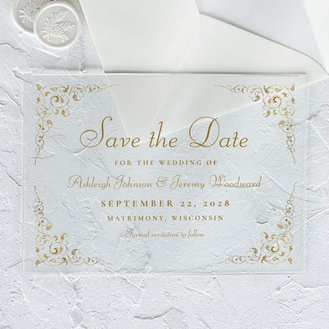Gold Script Botanical Frame Wedding Save the Date Acrylic Invitations (Creator Uploaded)