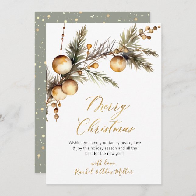 Gold Script Botanical Non Photo Merry Christmas Holiday Card (Front/Back)