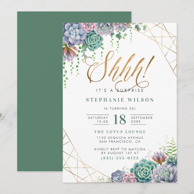 Gold Script Botanical Surprise Birthday Party Invitation (Front/Back)