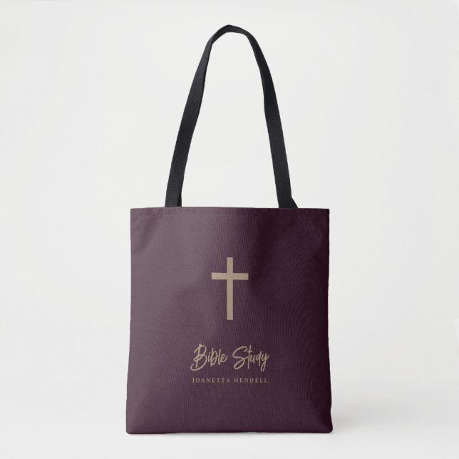 Gold Script Bugundy Leather Look Bible Study Tote Bag (Front)