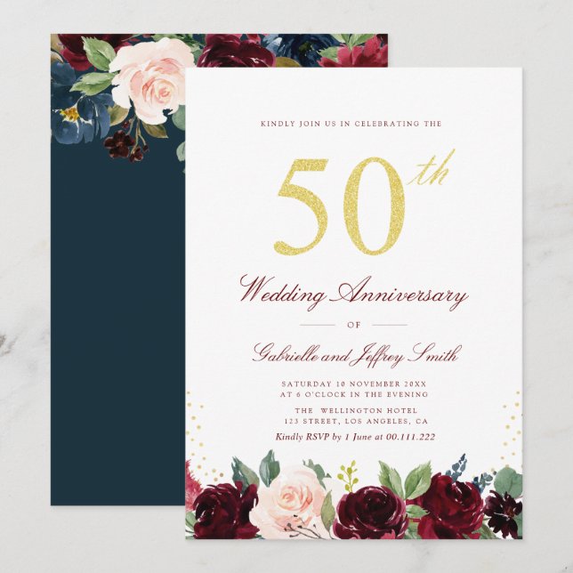 gold script burgundy navy 50th wedding anniversary invitation (Front/Back)