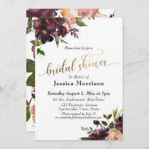 Gold Script Burgundy Painted Flowers Bridal Shower Invitation