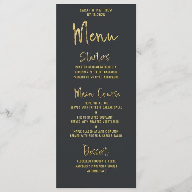 Gold Script Calligraphy Dark Grey Wedding Menu (Front)
