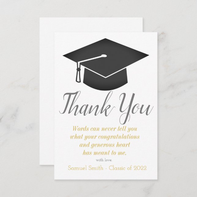 Gold Script Cap and Tassel Graduation  Thank You Card (Front/Back)