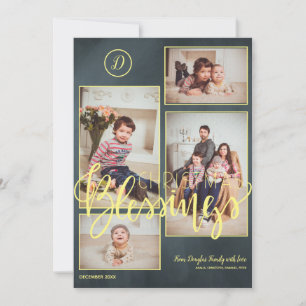 Gold script chalkboard 4 photo collage Christmas Holiday Card