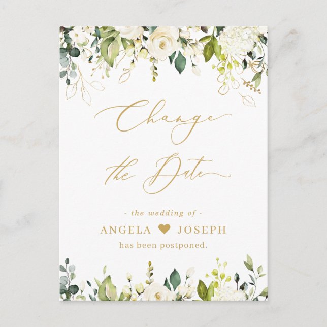 Gold Script Change the Date Greenery White Roses Postcard (Front)