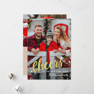 Gold Script Cheers to the New Year 2 Photo Linen Holiday Card