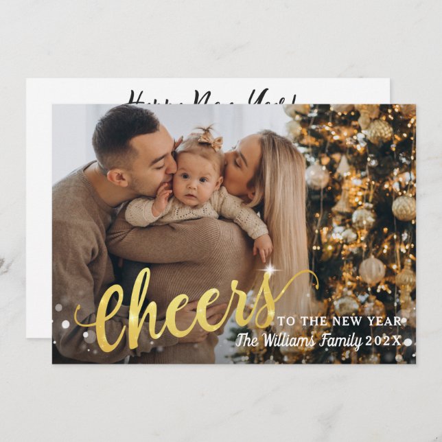 Gold Script Cheers to the New Year 3 Photo Holiday Card (Front/Back)