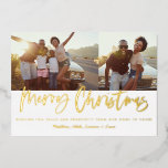 Gold script Christmas 2 photo modern Foil Holiday Card<br><div class="desc">Gold script merry christmas multi photo modern star burst design.</div>