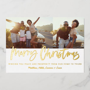Gold script Christmas 2 photo modern Foil Holiday Card