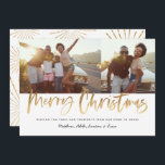 Gold script Christmas 2 photo modern Holiday Card<br><div class="desc">Gold script merry christmas multi photo modern star burst design.</div>