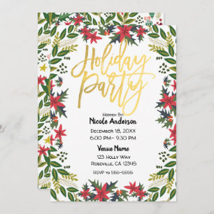 Gold Script Christmas Holiday Party Floral Rustic Invitation
