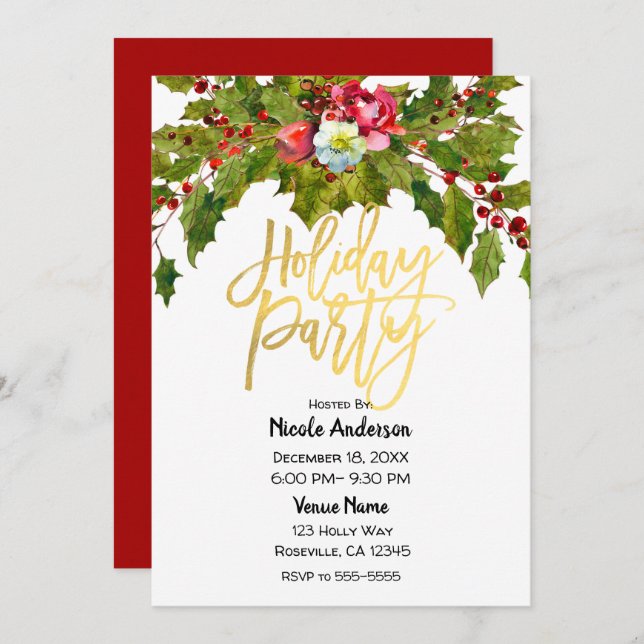 Gold Script Christmas Holiday Party Holly Floral Invitation (Front/Back)