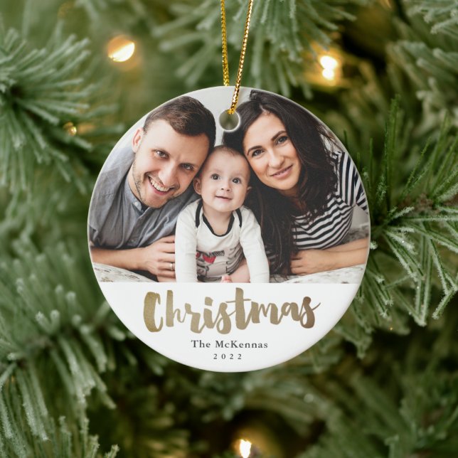 Gold Script Christmas photo family holiday Ceramic Ceramic Tree Decoration (Tree)