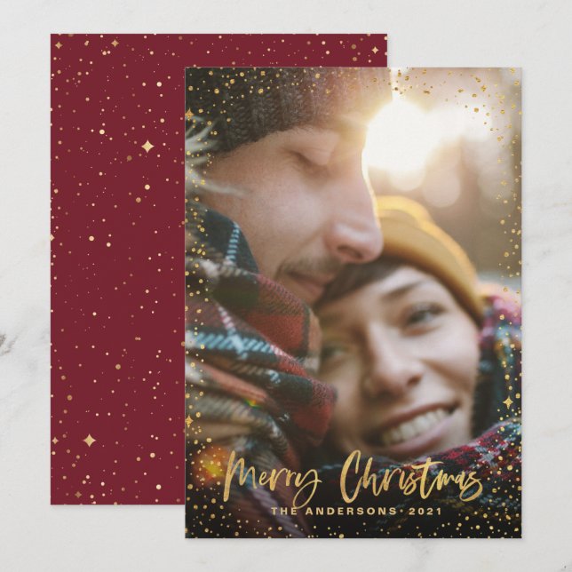 Gold script Christmas stars 1 photo burgundy Holiday Card (Front/Back)