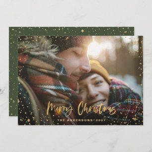 Gold script Christmas stars 1 photo green holiday