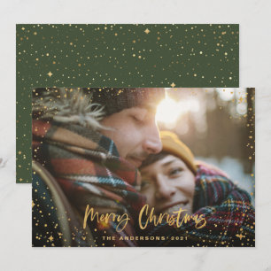 Gold script Christmas stars 1 photo green holiday Card