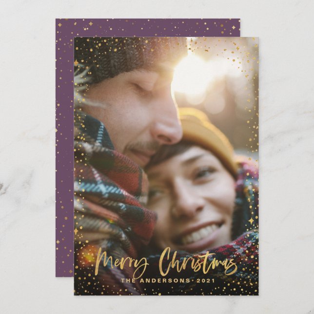 Gold script Christmas stars 1 photo purple Holiday Card (Front/Back)