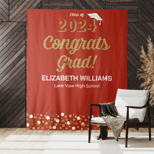 Gold Script Confetti Congrats Grad Red Backdrop Tapestry