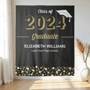Gold Script Confetti Grad Party Black Backdrop Tapestry