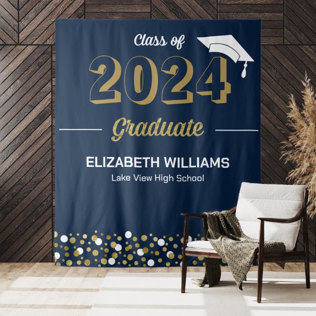 Gold Script Confetti Grad Party Blue Backdrop Tapestry (Creator Uploaded)