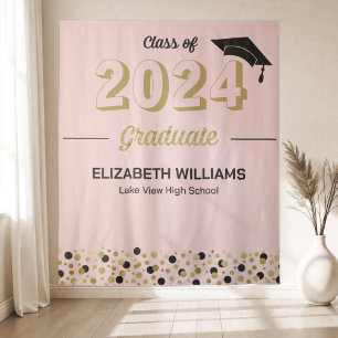 Gold Script Confetti Grad Party Pink Backdrop Tapestry