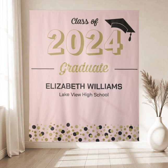 Gold Script Confetti Grad Party Pink Backdrop Tapestry (Creator Uploaded)