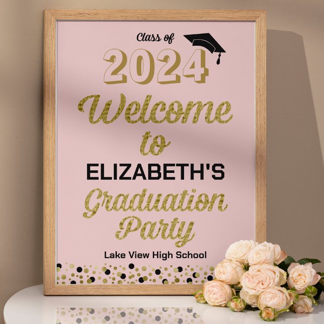 Gold Script Confetti Grad Party Pink Welcome Sign (Creator Uploaded)