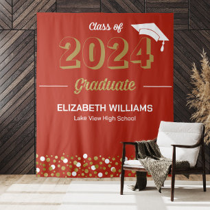 Gold Script Confetti Grad Party Red Backdrop Tapestry