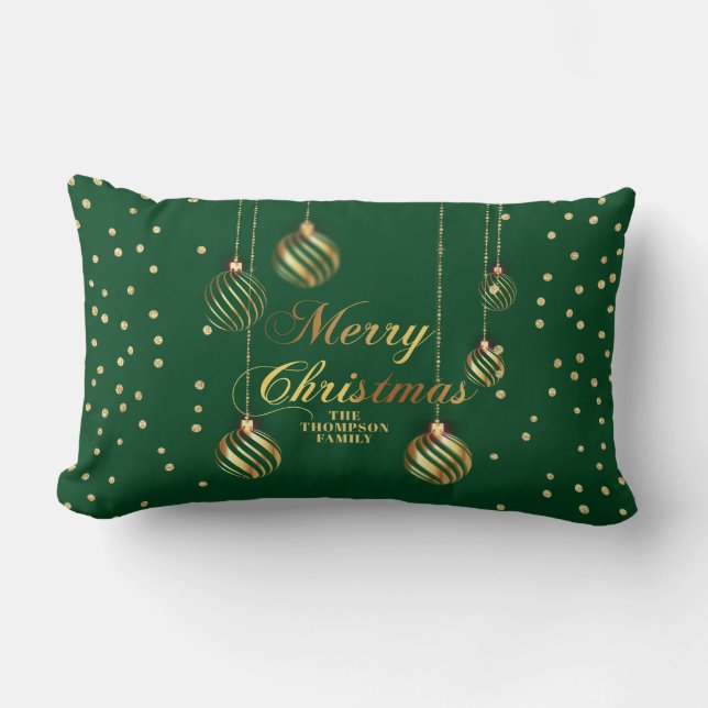 Gold Script Confetti Green Family Christmas Balls Lumbar Cushion (Front)