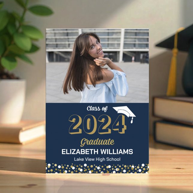 Gold Script Confetti Photo Blue Grad Announcement (Creator Uploaded)
