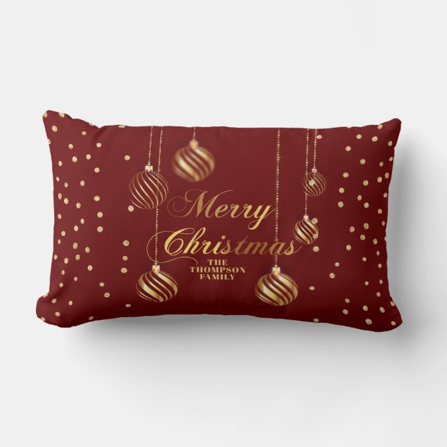 Gold Script Confetti Red Family Christmas Balls Lumbar Cushion (Front)