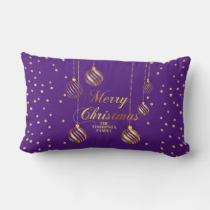 Gold Script Confetti Royal Purple Family Christmas Lumbar Cushion