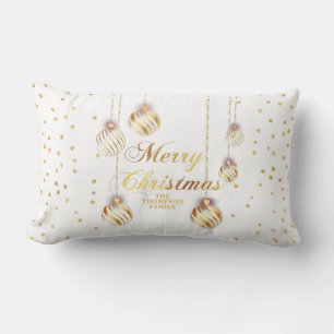 Gold Script Confetti White Family Christmas Balls Lumbar Cushion